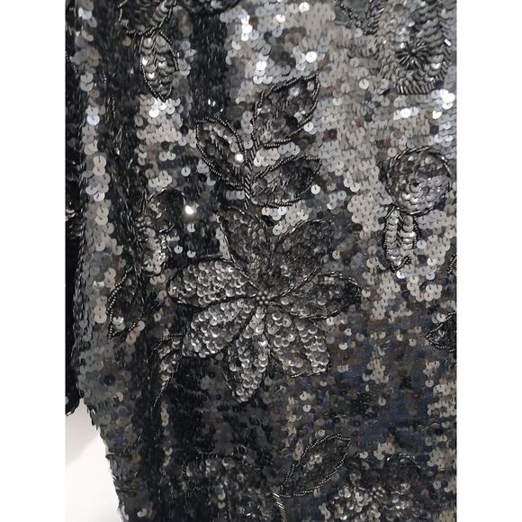 Exotic Formal Beaded Sequin Top L Black Short Sleeve NY Party Christmas Holiday - Picture 5 of 17